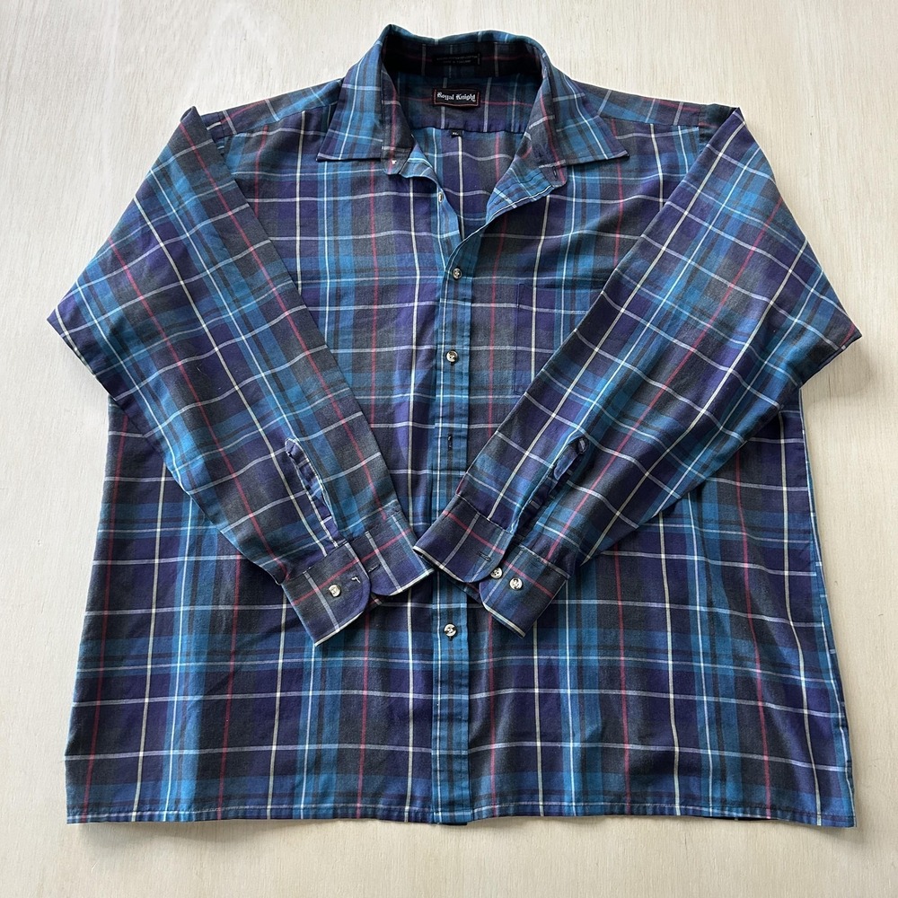 Vintage Royal Knight Shirt Mens XL Blue Plaid Long Sleeve Button Up Casual Woven